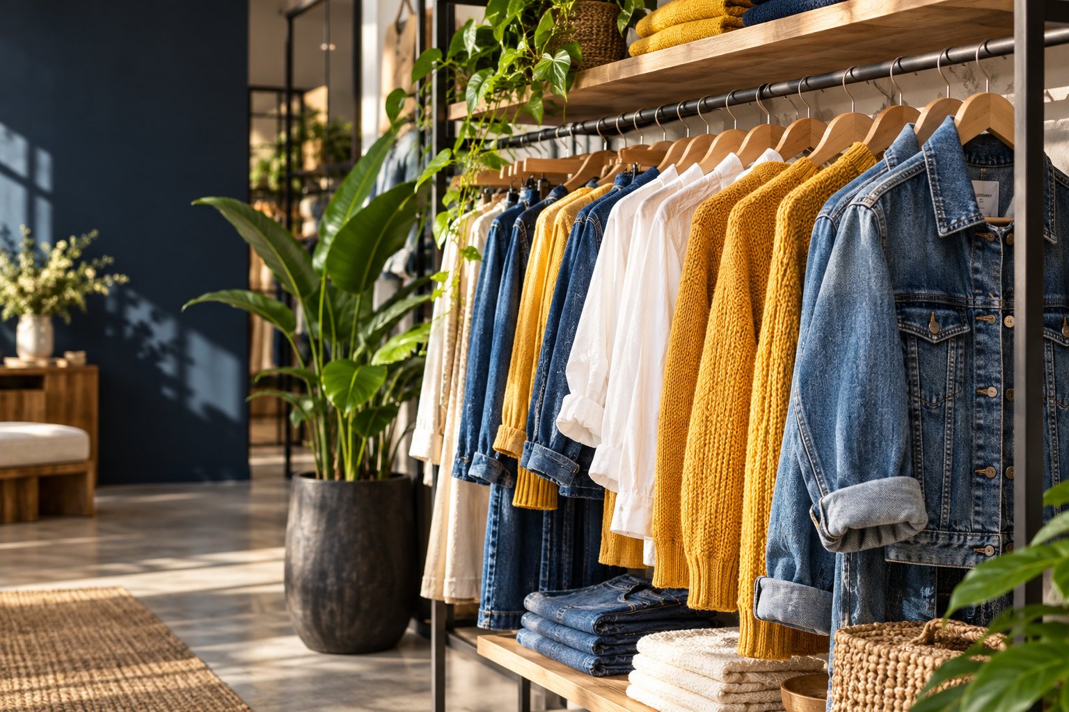 Prendas de denim, tejidos y camisas en un espacio de moda