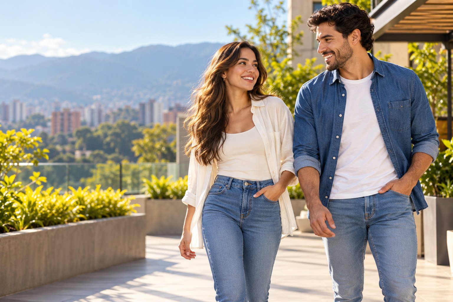 Dos personas con prendas casuales en una terraza iluminada